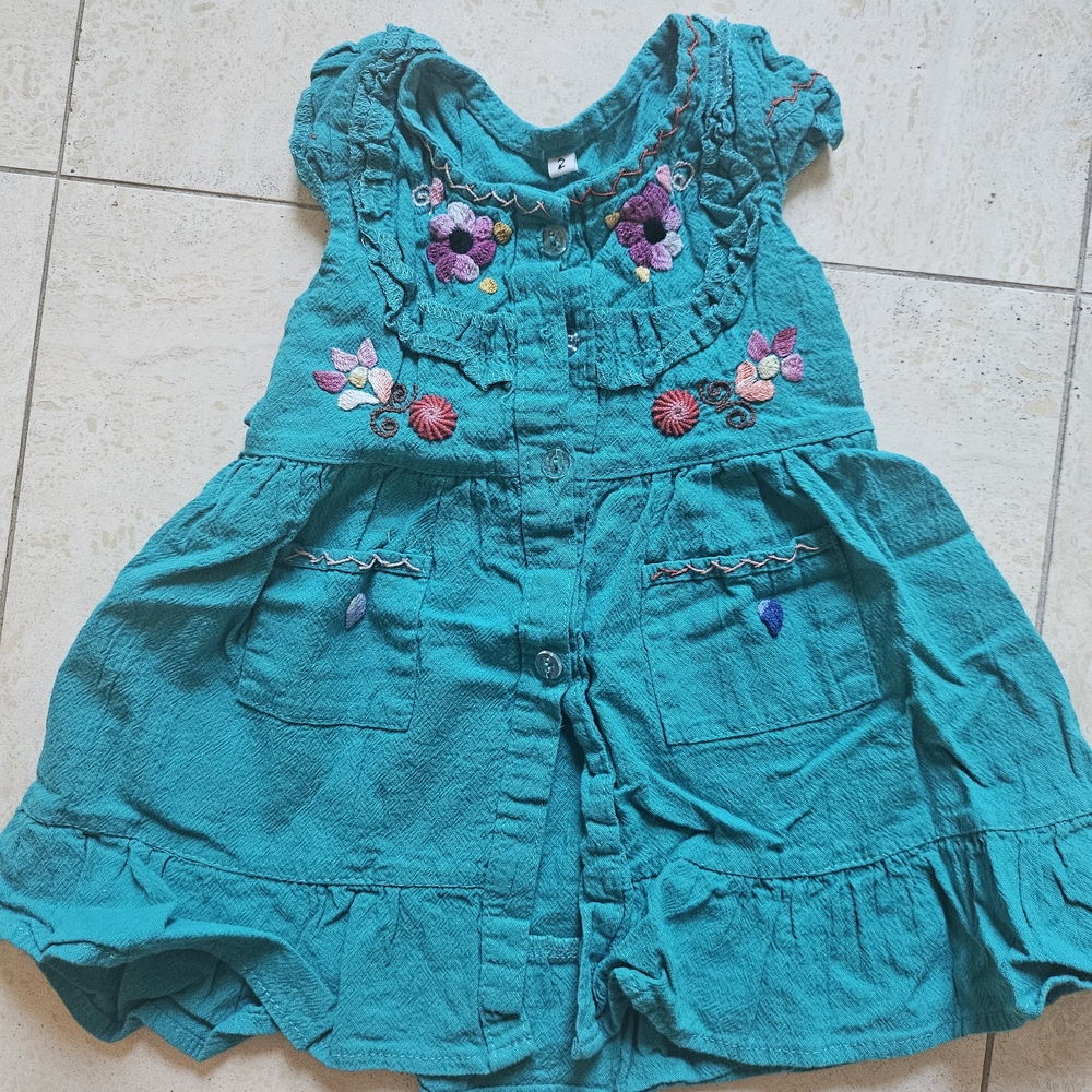 Teal Embroidered Kids Dress